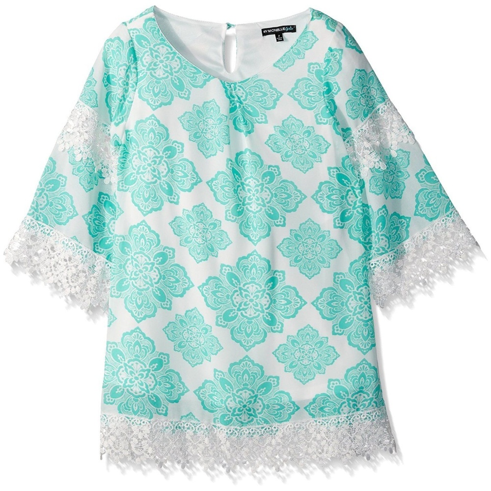 My Michelle Shift Dress Lace Bell Sleeve Boho Mint